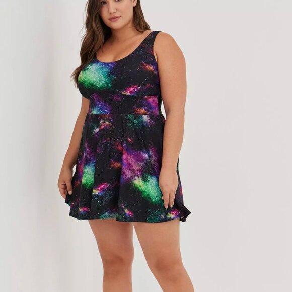 Torrid Swimsuit Swim Dress 1 One Piece Brief Galaxy Stars Black Plus Size 1X - Picture 1 of 11